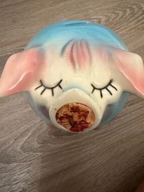 Vintage Pink Blue Corky Pig Piggy Bank Hull Art 1957
